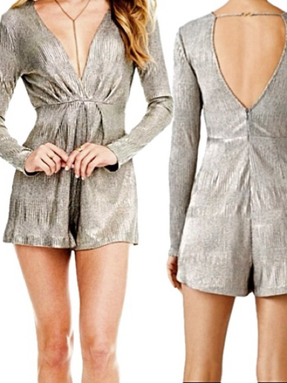 ASTR Kenzie Silver Metallic Long Sleeve Romper Size Small Slinky Plunging V-Neck